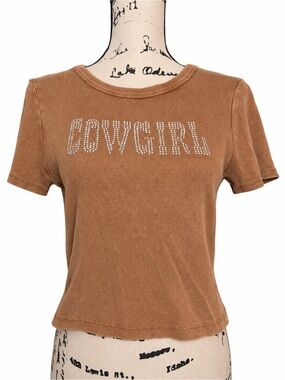 Social Culture Cowgirl Studded Brown Short Sleeve Tee Women’s Size Large